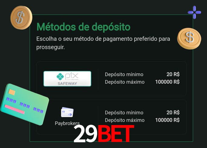 O cassino 29Bet oferece uma grande variedade de métodos de pagamento